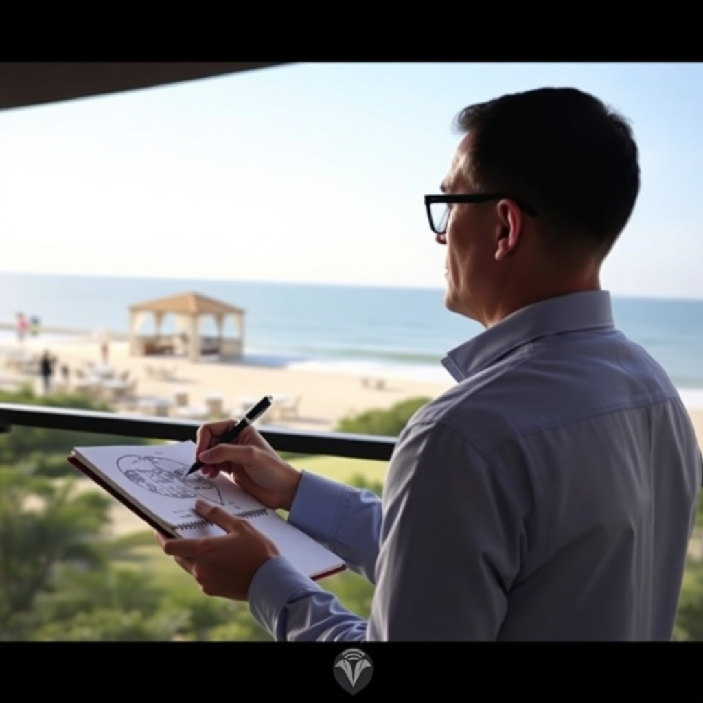A photorealistic image of an event planner sketching ideas in a notebook while overlooking a potential event venue by the beach. The scene conveys creativity and planning.