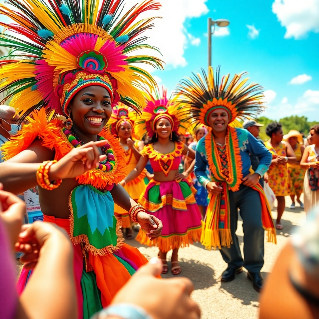 A photorealistic image showcasing a traditional Caymanian cultural festival. Performers in colorful costumes are dancing to the rhythm of local music. Attendees are enjoying traditional food and crafts. The composition captures the energy and vibrancy of the festival. The lighting is bright and sunny, highlighting the vivid colors of the costumes and decorations. Focus on the expressions of joy and celebration on the faces of the performers and attendees. The camera angle is ground-level, creating a sense of immersion in the event. Style is authentic and culturally rich, conveying a sense of tradition and community.
